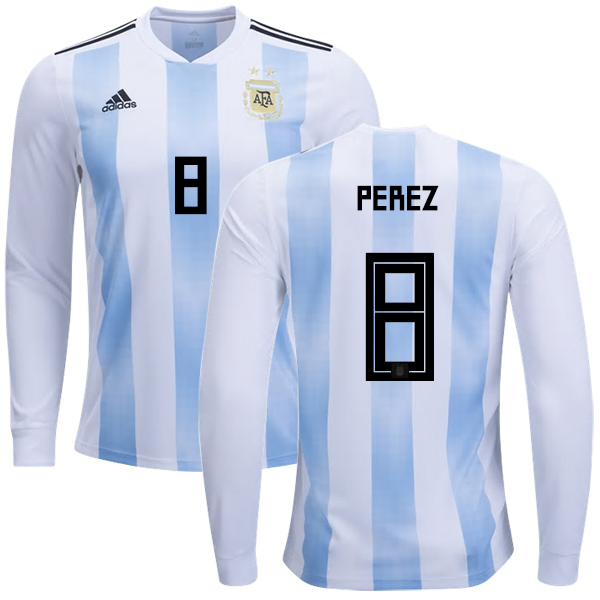 Argentina #8 Perez Home Long Sleeves Kid Soccer Country Jersey - Click Image to Close